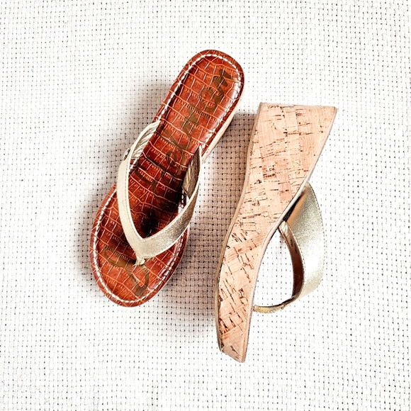 Sam Edelman Shoes - Sam Edelman Romy Cork Wedge Gold Strap Flip Flop Sandals Size 8
